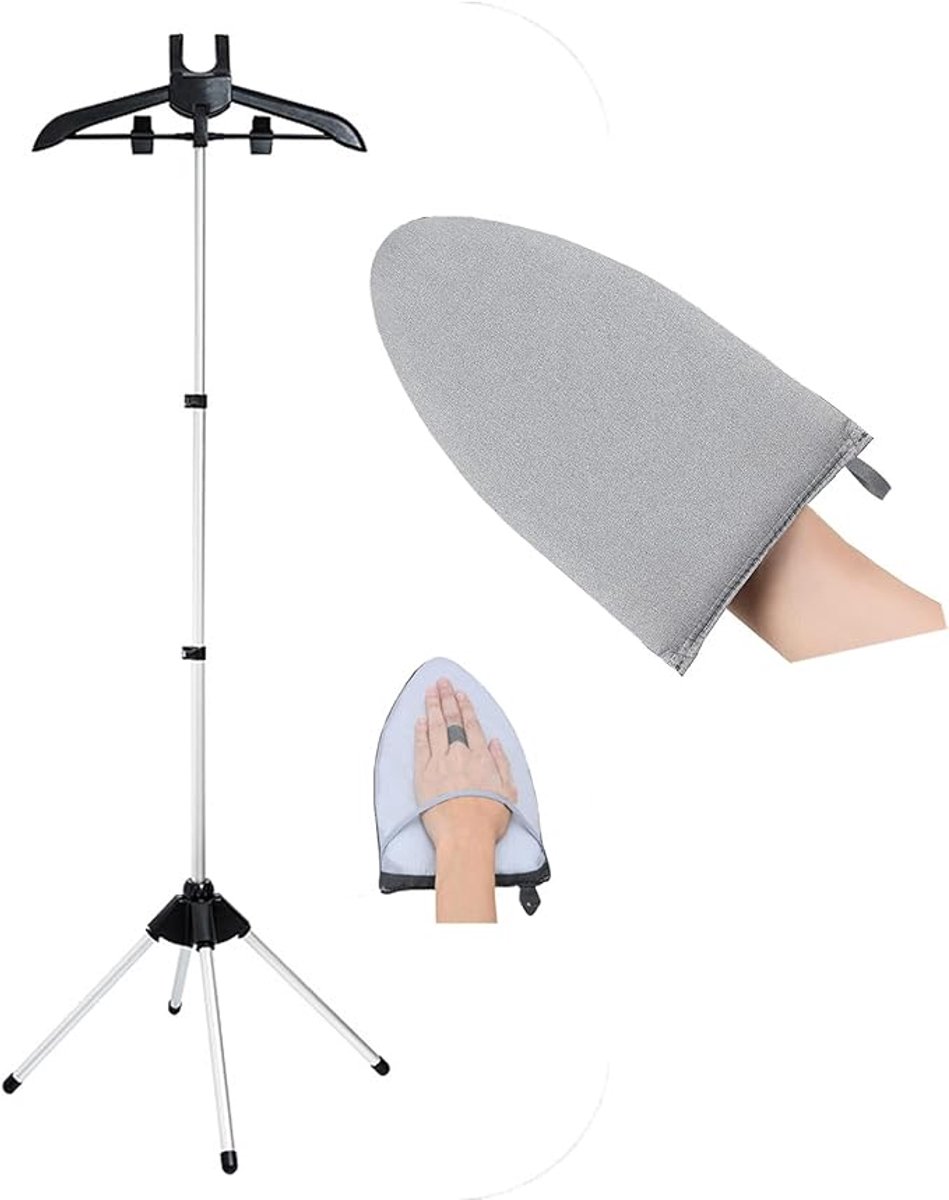 Strijkstandaard Kleding - Opvouwbare hanger voor kledingstomer - Opvouwbare strijkhanger - Telescopisch statief- In hoogte verstelbaar- Inclusief hittebestendige handschoen - Geschikt voor het stomen van kleding en het verwijderen van kreukels