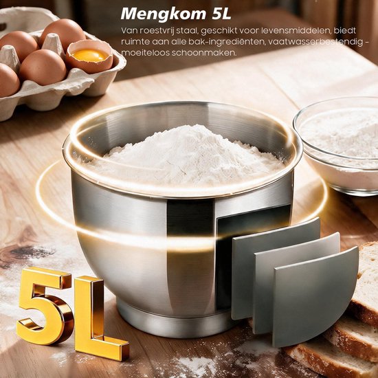 Keukenmixer - Stille Werking - 5L Mengkom - 10 Snelheden - Inclusief Deeghaak, Garde & Menghaak - Keukenrobot - Zwart van AIMASON — afbeelding 2