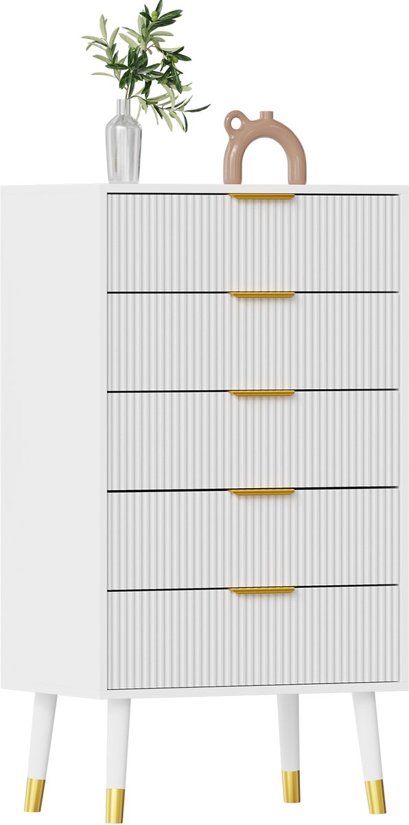 Triumpunpre Kommode Met 5 Lades - MDF Opbergkast Met Gouden Handgrepen - 60×39×105cm - Wit