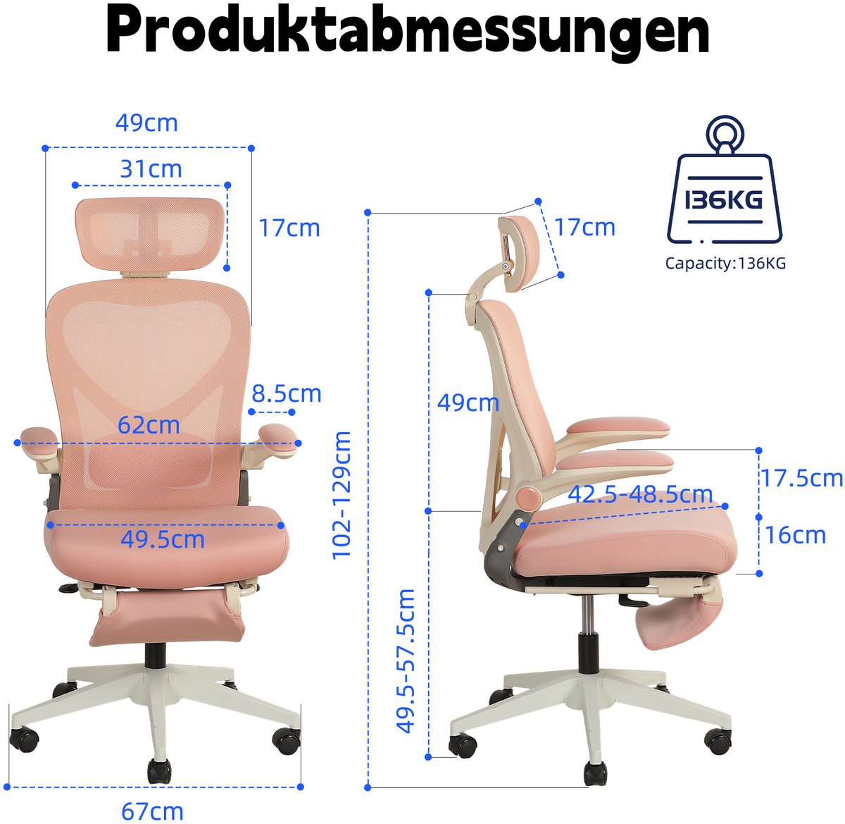 DESMIU Bureaustoel 129 x 67 cm - Ergonomisch Opvouwbaar met 3D Hoofdsteun Lendensteun en Voetsteun - Voor Werk Studie en Spel - Mesh Roze