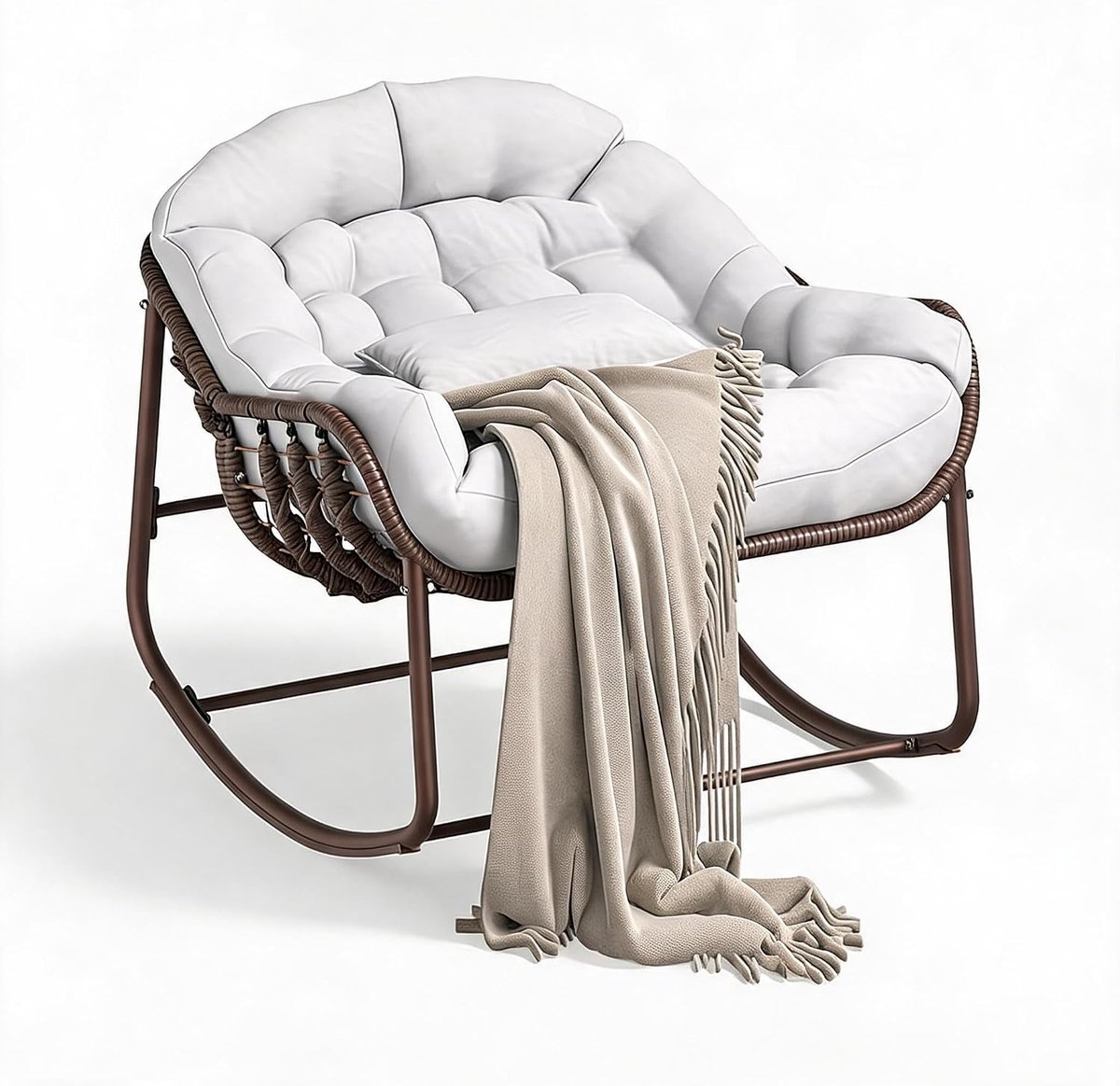 Papasan Schommelstoel - 200 kg Draagvermogen - PE Rotan Ei-Stoel met Extra Dik Kussen - Weerbestendige Tuinstoel & Schommelstoel voor Binnen & Buiten - Beige