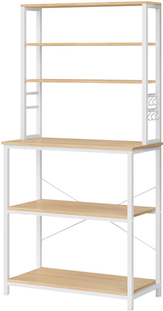 Opbergrek 40 x 80 x 167 cm Wit+naturel keukenkast multifunctioneel opbergrek met 3 kleine werkbladen 3 grote werkbladen en 6 haken stevig metalen frame eenvoudige en stijlvolle stijlvolleIndustriële look geschikt voor keuken woonkamer of slaapkamer