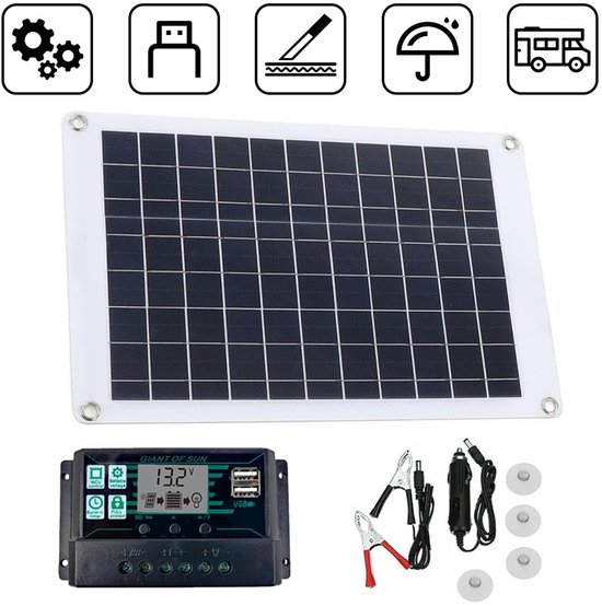 Zwart-wit diagram van een zonnepaneel, laadregelaar, clips en USB-poorten.