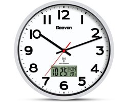 Geevon DCF wandklok zonder tikkende geluiden, 12 inch radiogestuurde klok met temperatuurweergave wandklokken, klokken, digitale wandklok, woonkamer klok, wand keukenklok, wandklok seiko stil