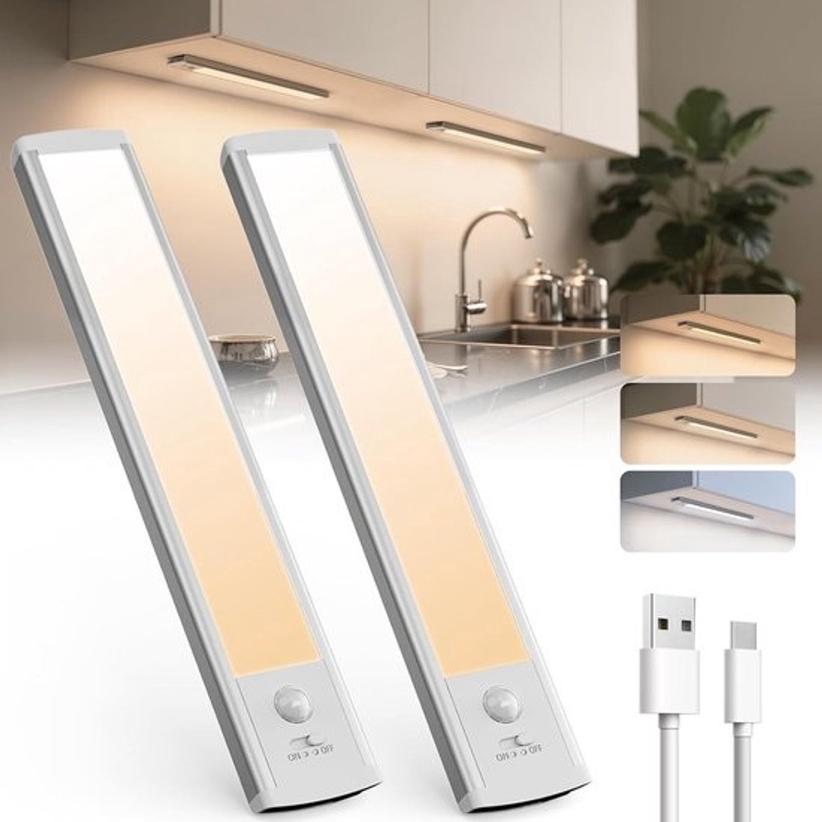 Dimbare LED-Onderbouwlamp met Bewegingssensor en USB-C Oplaadfunctie - 3 Kleurtemperaturen (20cm, 2 Stuks)