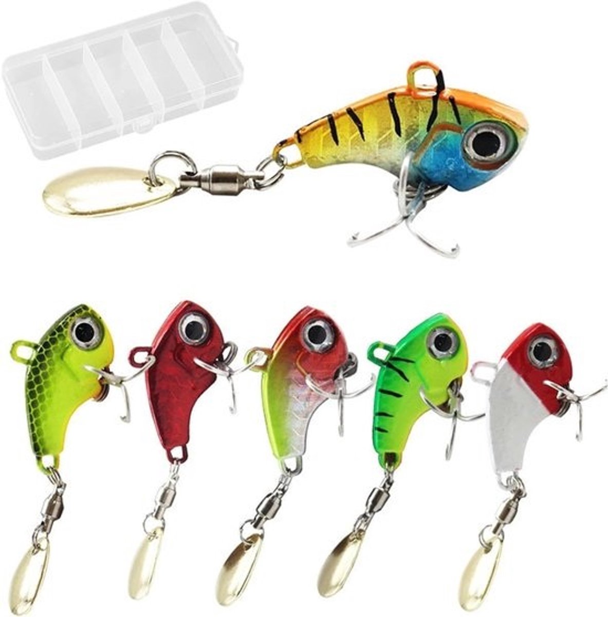 6-delige visaasset - met doos, kunstaas, lepel, drievoudige haken en spinner - voor forel, baars en snoek