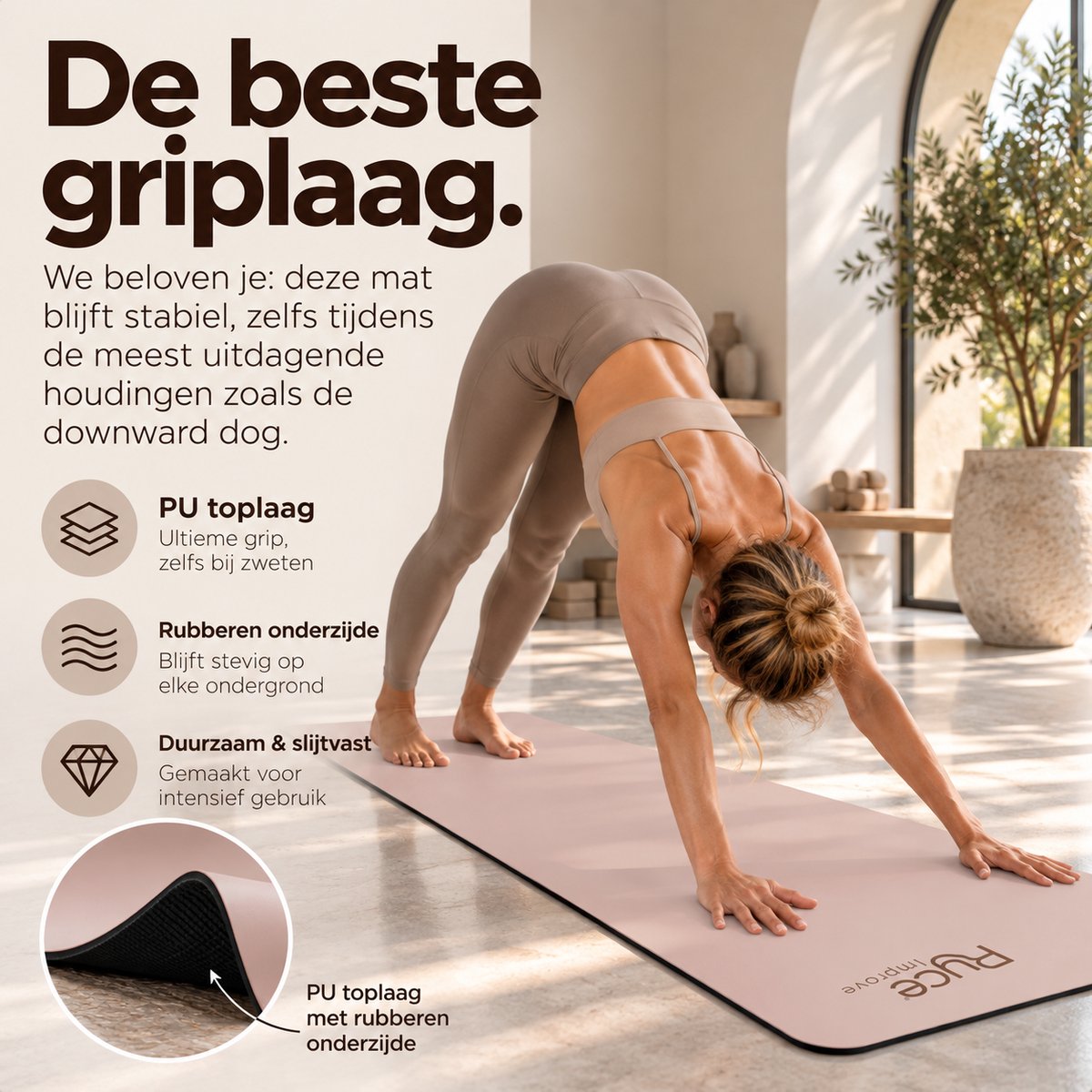 Ryce® Yogamat - PU Rubber - Pilates - Fitness - Anti Slip - Extra Dik - Breed - 183x68x0,5 cm - Tas - Donker Roze thumbnail 3