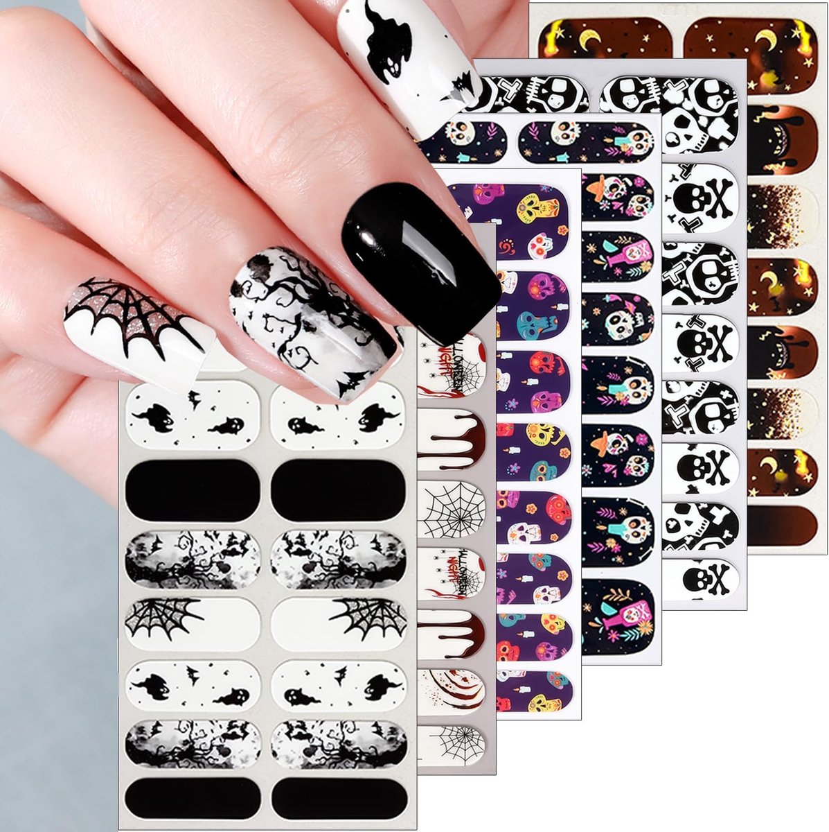 KZQ 6 Stuks Halloween gelnagelstickers - Spinnenweb, schedel, spook, pompoenpatronen - Halloween nagelstickers - Nageldecoraties voor dames - Lichtgevend in het donker - Halloween decoratie - Inclusief nagelvijl - Groep B