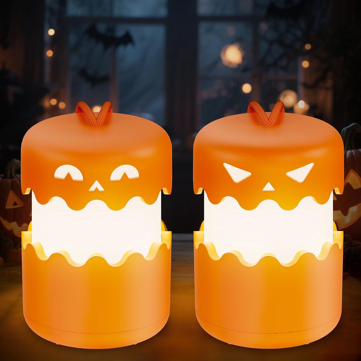 KZQ 2 stuk Oplaadbare Halloween pompoenlantaarn - Opvouwbare lantaarn - Tafellamp - Halloween decoratie - Halloween verlichting - Geel