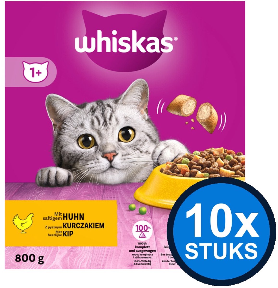 10x Whiskas - 1+ droog adult kip 800gr - Kattenvoer - 800 g