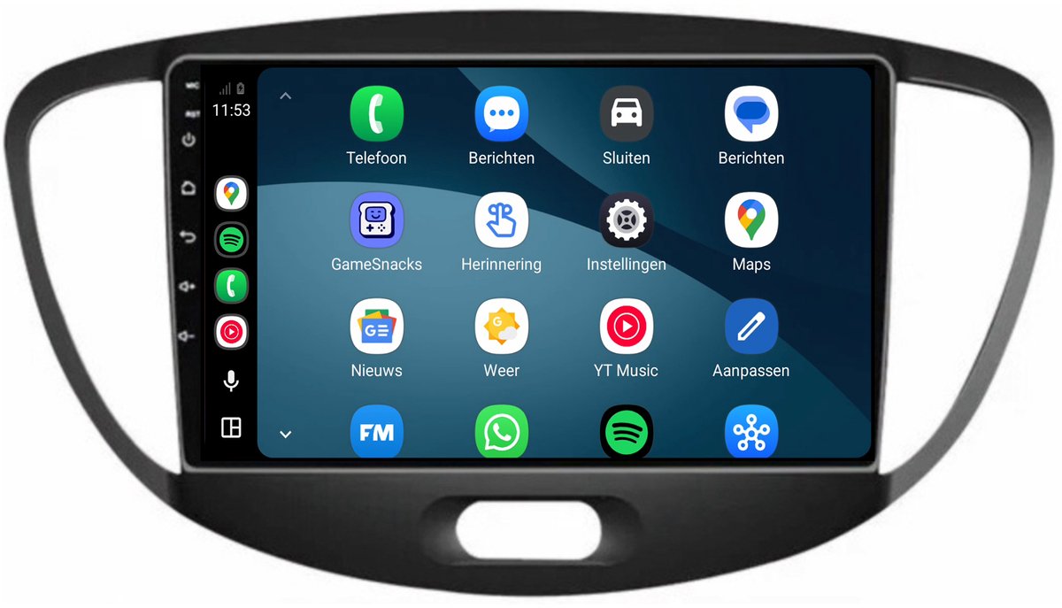 CarPlay autoradio geschikt voor Hyundai i10 | 2008 t/m 2013 | Cartronix CTX-7067 | 2008 2009 2010 2011 2012 2013 | 9 inch | Android 15 | Draadloos Apple CarPlay & Android Auto | 2GB + 32GB | Bluetooth & Wifi