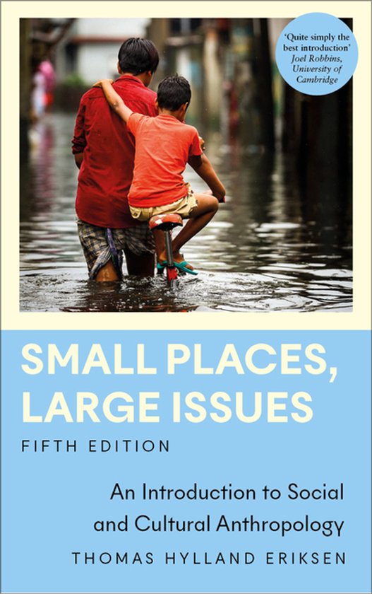 Boekcover: Twee jongens in het water, met de titel 'Small Places, Large Issues', 'Fifth Edition', 'An Introduction to Social and Cultural Anthropology' en 'Thomas Hylland Eriksen'.