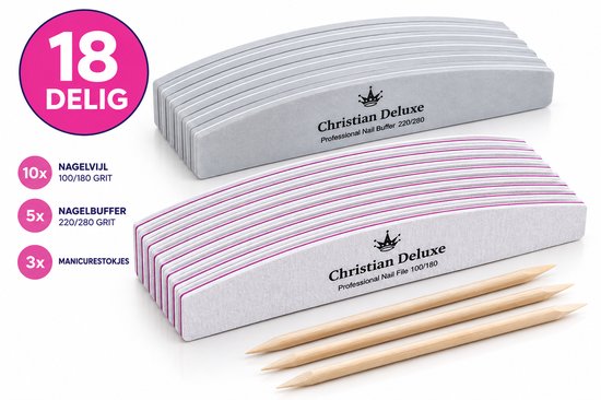Set van 18 nagelverzorgingsproducten: 10x nagelvijl 100/180 grit en 5x nagelbuffer 220/280 grit, 3x manicuresstokjes.