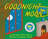 De cover van het boek 'Goodnight Moon', met de titel in gele letters op een groene achtergrond. Een raam met sterren en een maan is zichtbaar.