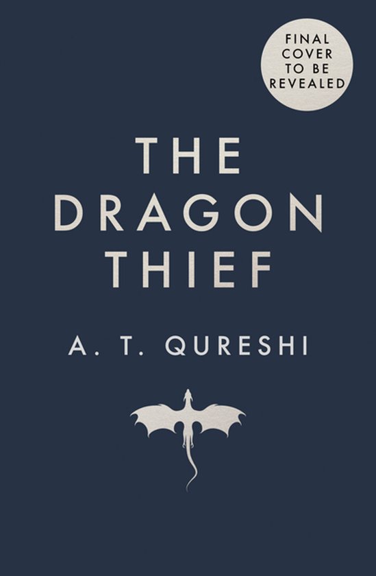 Boekomslag 'The Dragon Thief' van A.T. Qureshi op een donkerblauwe achtergrond met een witte drakenillustratie.