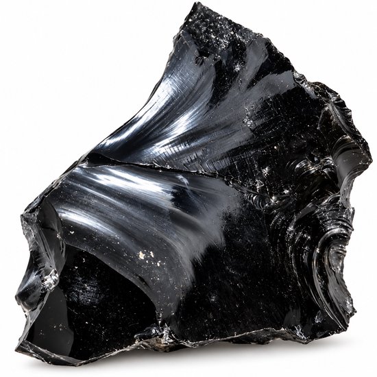 Grande pierre d'obsidienne noire brute avec surface brillante et bords rugueux.