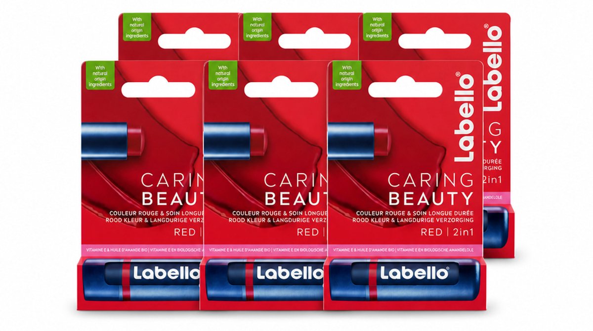 6 x Labello –Lippenbalsem – Caring Beauty Red – 5,5 ml - Voordeelverpakking - 6 stuks