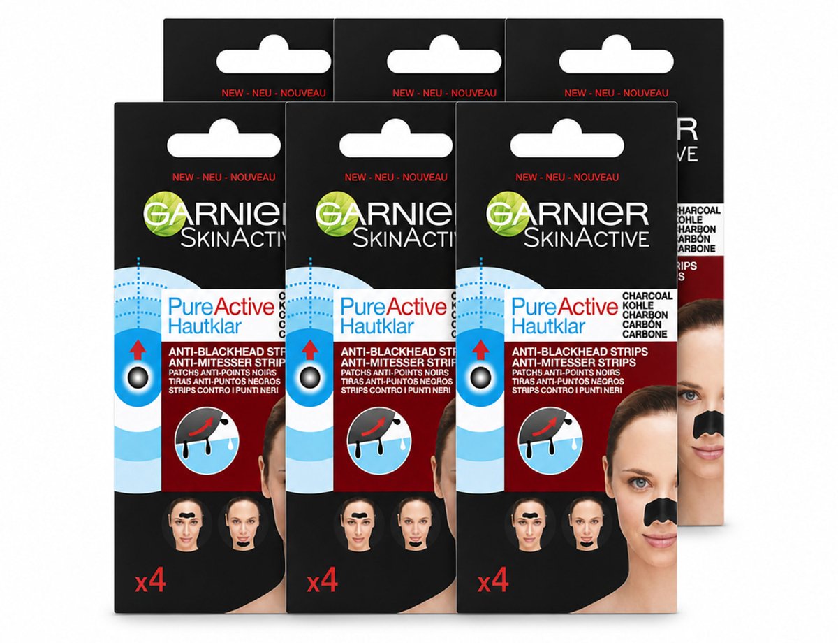 6 x Garnier - Pure Active - Anti-Mee-Eters Strips - Charcoal - Neus, Voorhoofd & Kin - 4 Strips - Voordeelverpakking - 6 stuks