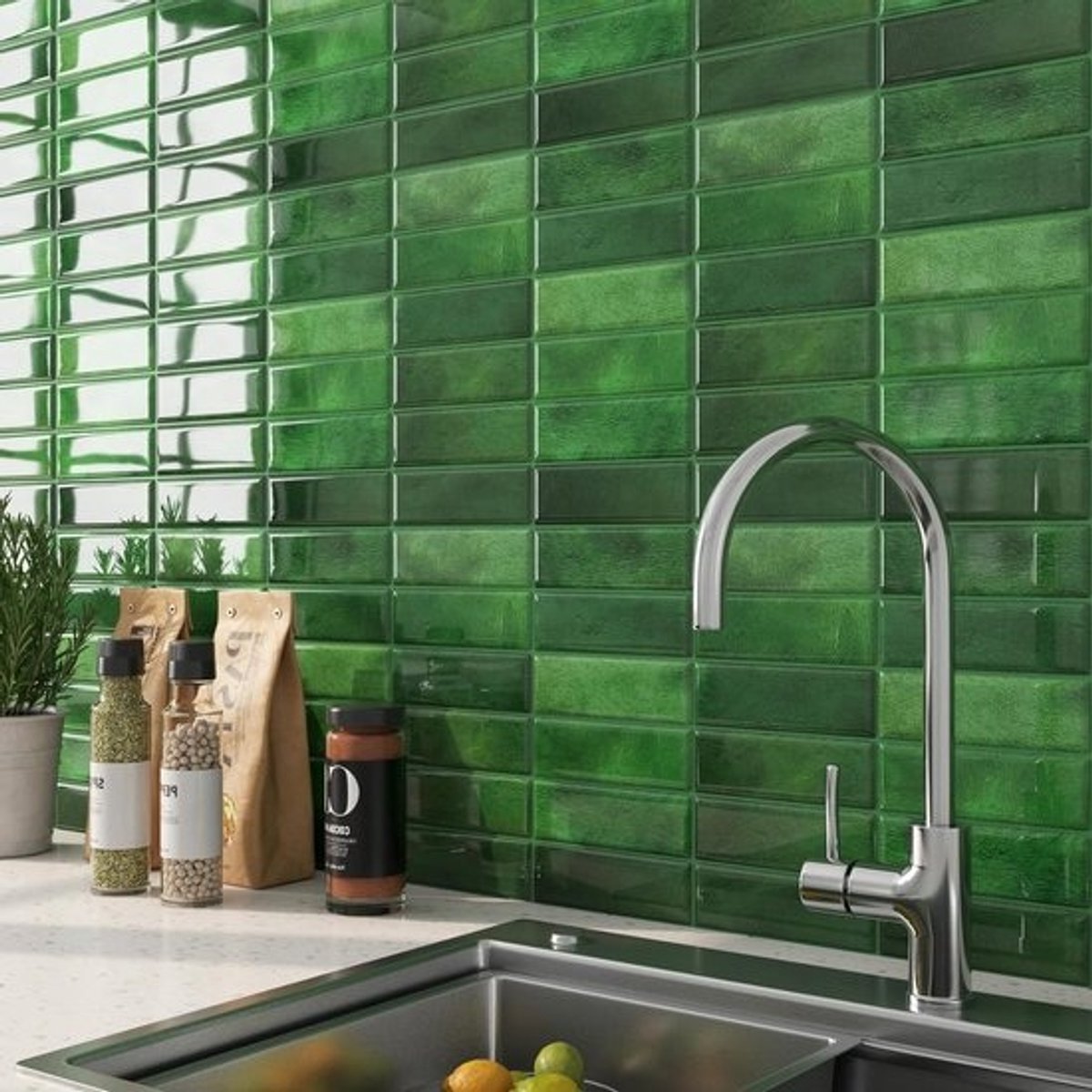 Zelfklevende 3D Tegels voor Keuken en Badkamer - Vintage Groene Rectangulaire Wandstickers, Waterdicht en Duurzaam, 30CMx30CM, Perfect voor Renovatie en Decoratie