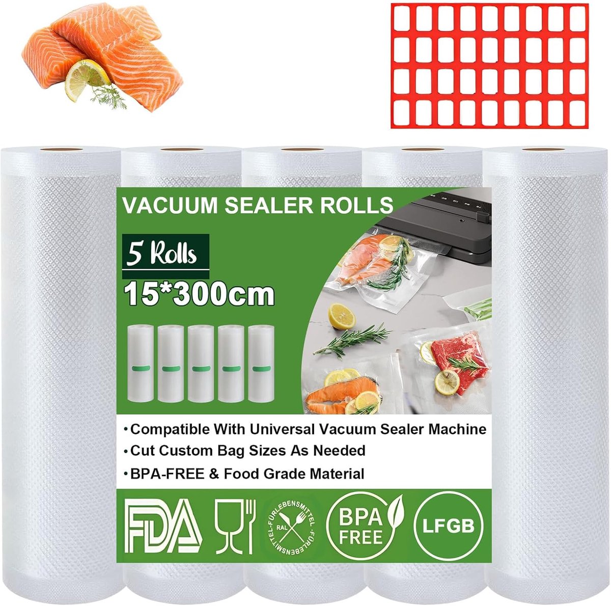 Vacuümzakken voor levensmiddelen, 5 rollen vacuümfolie, 15 x 300 cm/rol vacuümzakken, BPA-vrij, scheurvast, 190 µm, vacuümfolierol voor vacuümverpakkers, magnetrons en sous-vide
