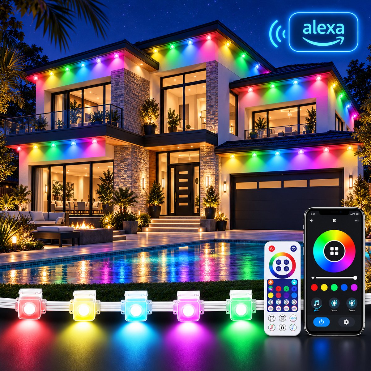 MUPOO Slimme WiFi LED Strip Buiten IP65 RGBIC - Lichtsnoer ,Lichtslinger & Tuinverlichting - App, Alexa, Google Assistant & Muzieksync -Dakrandverlichting - Sfeerverlichting voor Dakrand, Gevel en Overkapping - 15 m