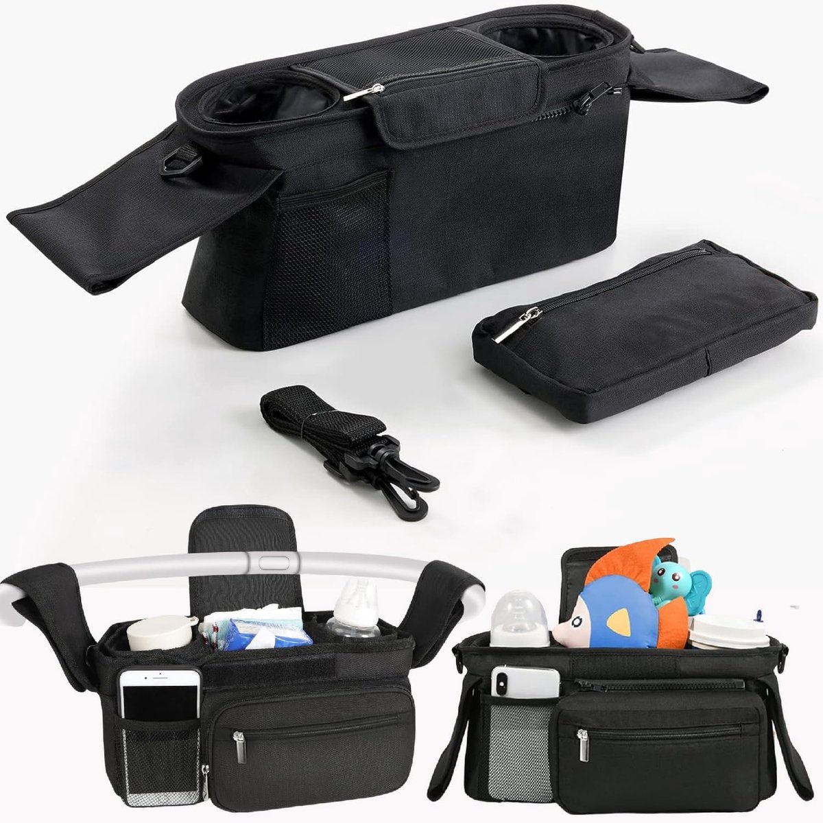 Kinderwagenorganizer met geïsoleerde bekerhouder, bekerhouder, kinderwagentas, babyaccessoires met ritssluiting en schouderriem voor iedereen