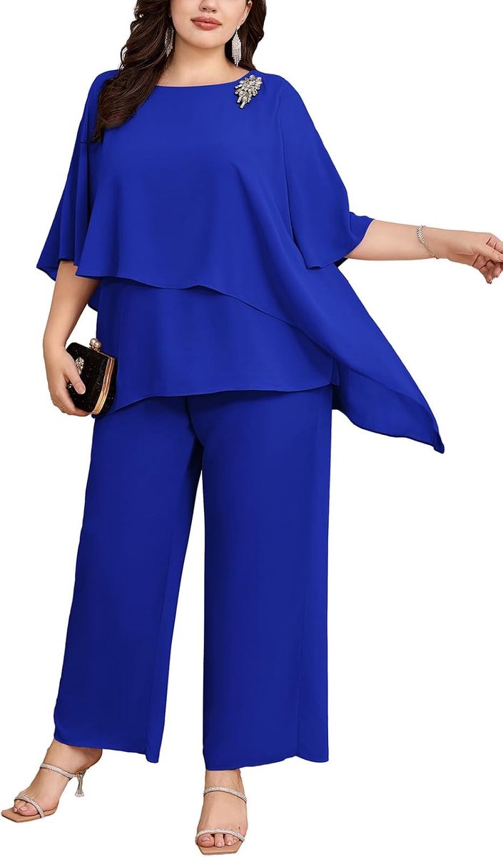 Nikole Elegante avondpakset voor dames, grote maat, 2-delige set, cocktailparty, feestelijk broekpak, tweedelig, chiffon shirt en broek met hoge taille