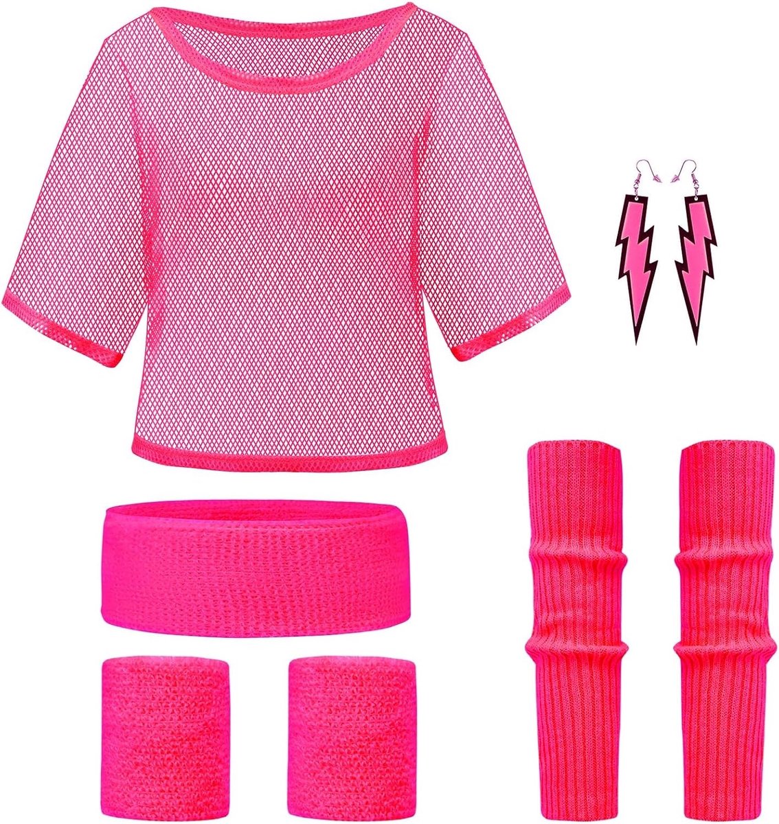 Kostuum jaren 80 voor dames, accessoires, neon, met net-T-shirt, hoofdband, kostuum jaren 80, dames, accessoires, avond, jaren 80, 90, discokostuum, carnaval, party, neon