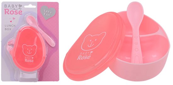 Roze baby lunchtrommel van Baby Rose met lepel, in verpakking en daarnaast een roze trommel met twee vakken en lepel.