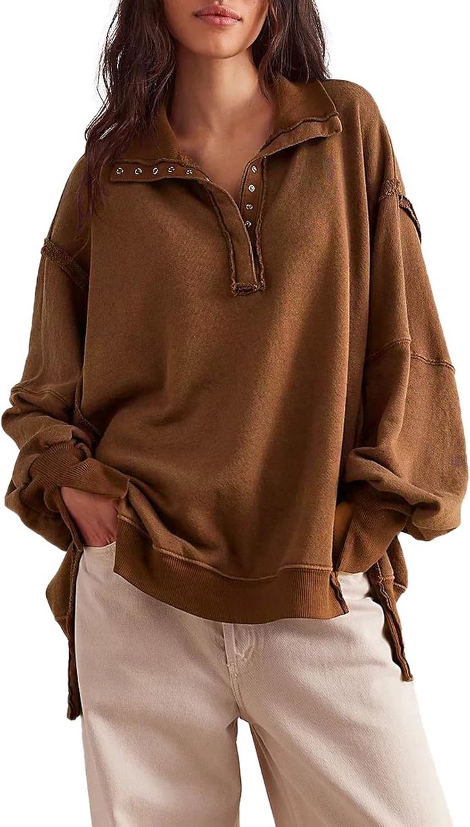 Sweatshirts Oversized Casual Losse Top Henley Trui Knopen Hoog-Laag | Dameskleding Mode Herfst Winter