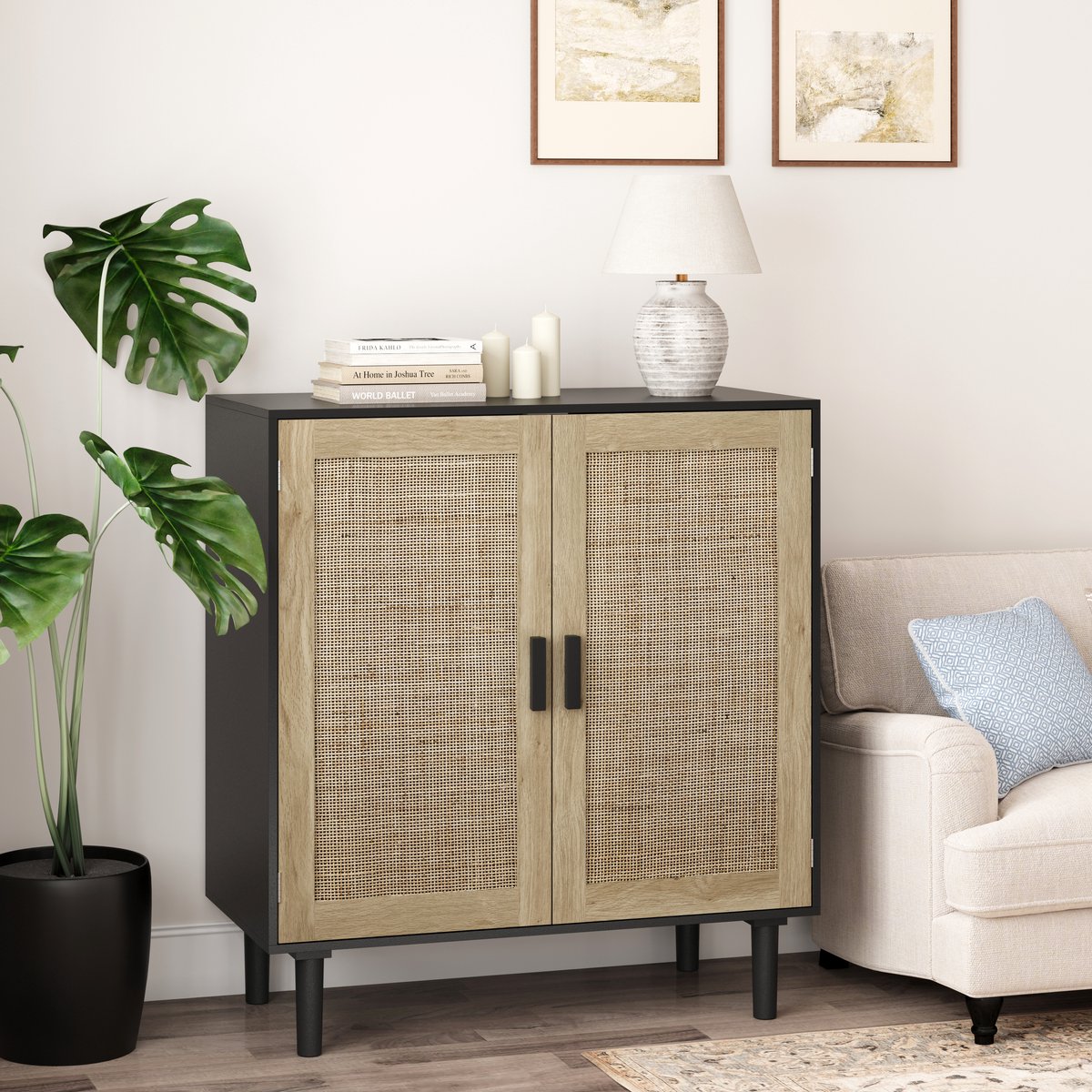 Opbergkast 80x40x88 cm – 2 Rieten Deuren – Natuur& Zwart – Massief Houten Handgrepen – Voor Woonkamer, Eetkamer & Gang
