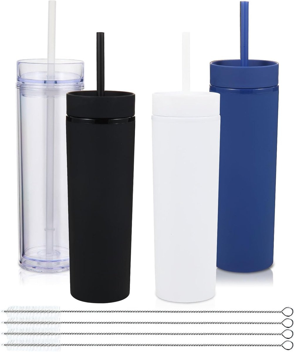 16oz Plastic Skinny Tumbler met deksel en rietje bulk 4 stuks, geïsoleerde dubbelwandige BPA-vrije matte acryl tumblers, ijskoffie reizen herbruikbare feestbeker, aanpasbare doe-het-zelf