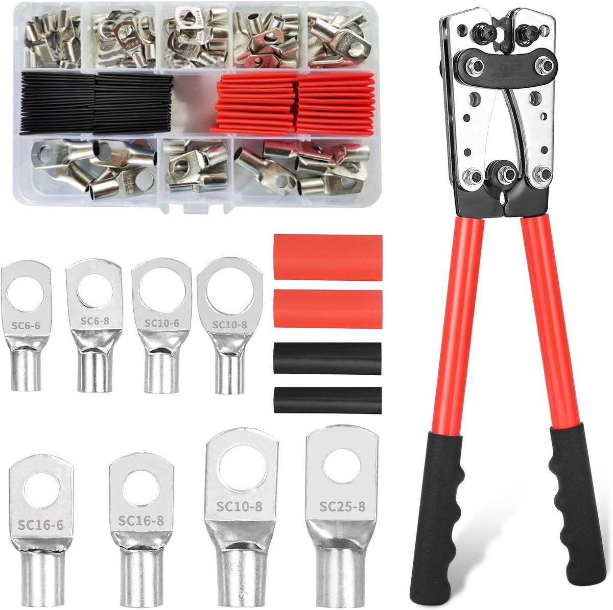 Krimptang 6/10/16/25/35/50 mm², grote krimptang 10-1/0 AWG, kabelschoen, tang met 8 maten, 60 stuks koperen ringklemmen + 60 stuks krimpkous, rood