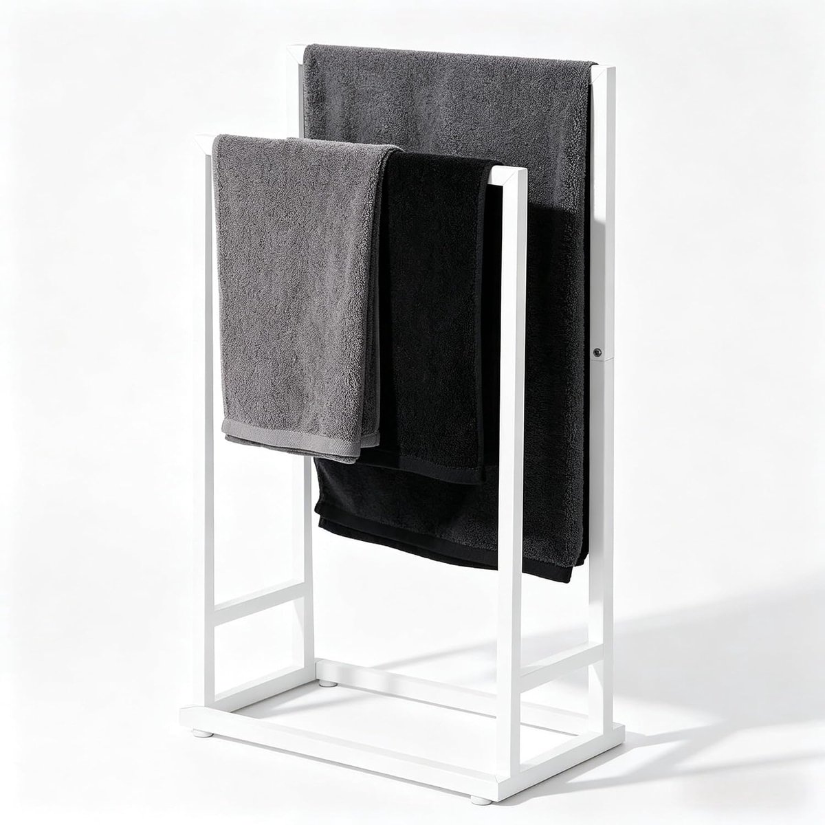 Smusei Handdoekhouder, staand met 2 handdoekstangen, 2-laags badhanddoekhouder zonder boren, voor badkamer, 74 x 21 x 41 cm, mat wit