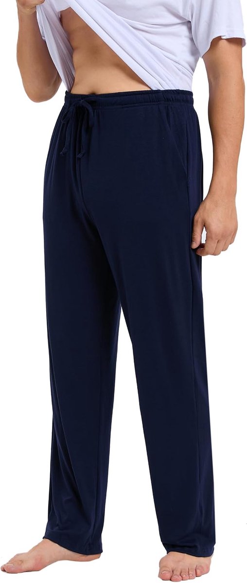 Pyjamabroek voor heren, lang, licht, luchtig, met zakken, losse loungebroek met elastische tailleband, vrijetijdsbroek, M-3XL