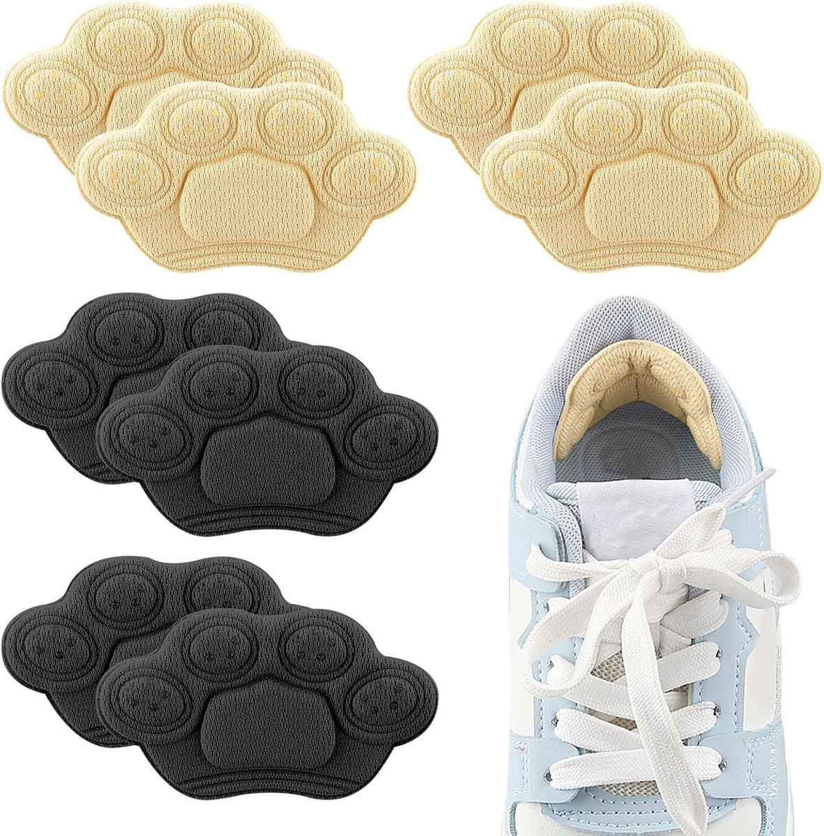 Hielkussens voor kinderschoenen, 8 stuks, schattig, hielbescherming, zelfklevend, slijtvast, zacht, inlegzolen, grote schoenen, kinderen, meisjes en jongens, zwart + beige