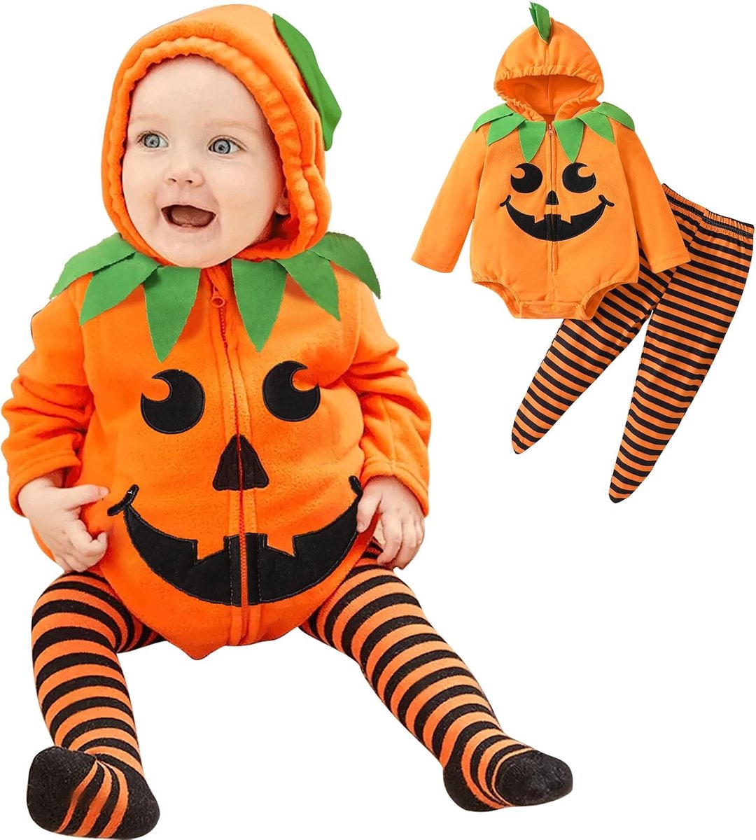 Halloween-Kostuum Voor Baby's, Pompoenkostuum Voor Baby's, Meisjes, Jongens, Cosplay, Pompoenkostuum Met Capuchon en Gestreepte Broek Voors Babys Van 0 tot 18 Maanden
