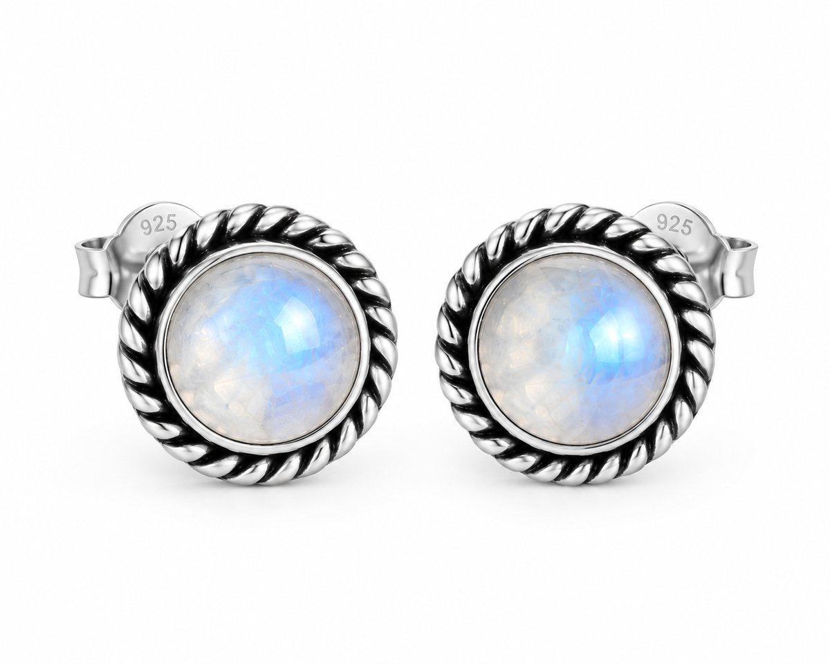 Oorknopjes van 925 sterling zilver met ronde regenboogmaansteen en gedraaid draadwerk