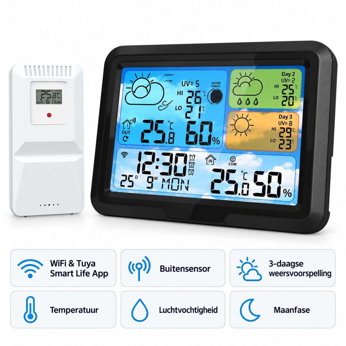 Nexeli NX-WS-10W WiFi Weerstation met Buitensensor – Tuya Smart Life App – Temperatuur – Luchtvochtigheid – 3-Daagse Weersvoorspelling - Maanfase