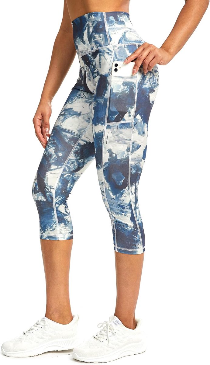 Sportlegging voor dames, 3/4 caprilegging met zakken, sportbroek voor dames, 3/4 ondoorzichtig, fitnessbroek, loopbroek voor dames