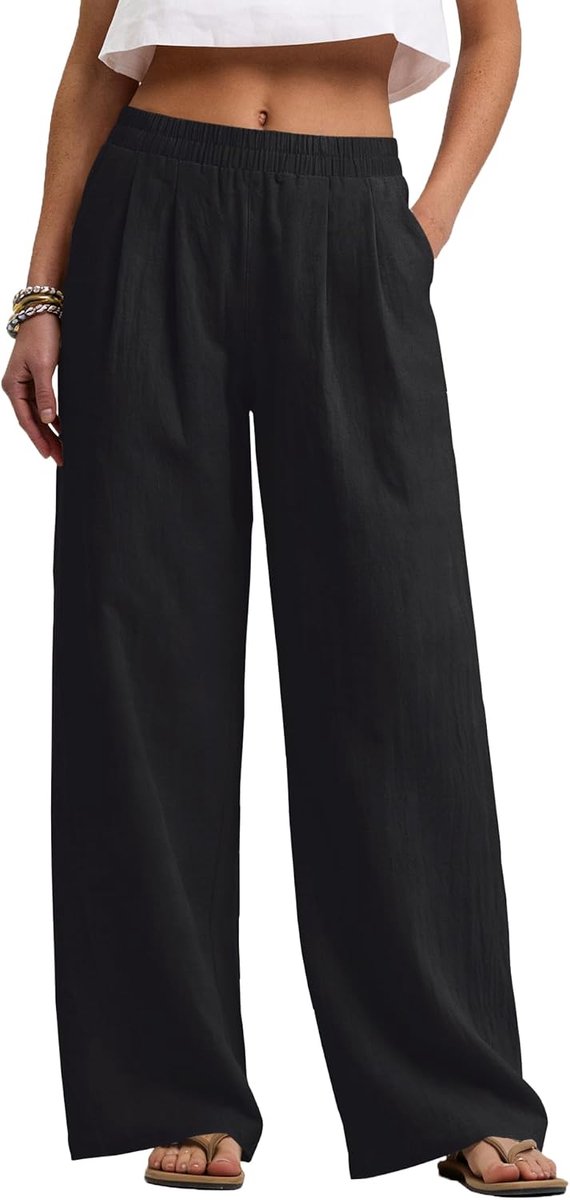 Linnen Broek Vrouwen Brede Pijpen Broek Met Zakken Elastische Taille