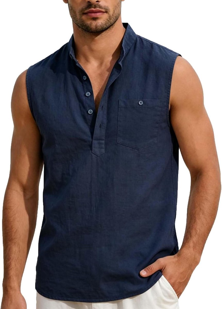 Tanktop voor heren, linnen hemd, Hawaii, strand, mouwloos Henley-shirt, ademend, basic, tanktop, vrije tijd, sport, vesten met zak, sportschool, fitness