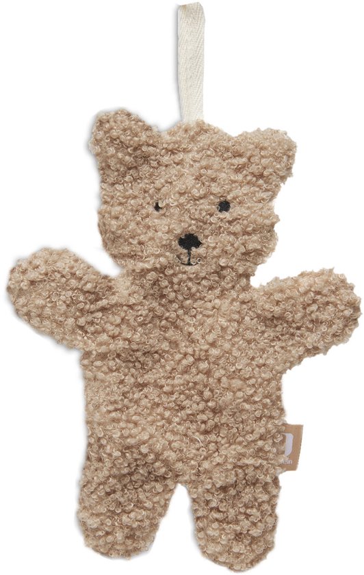 Doudou ours en peluche beige, texture douce, avec yeux et bouche brodés noirs. Possède une petite boucle pour attacher la tétine.