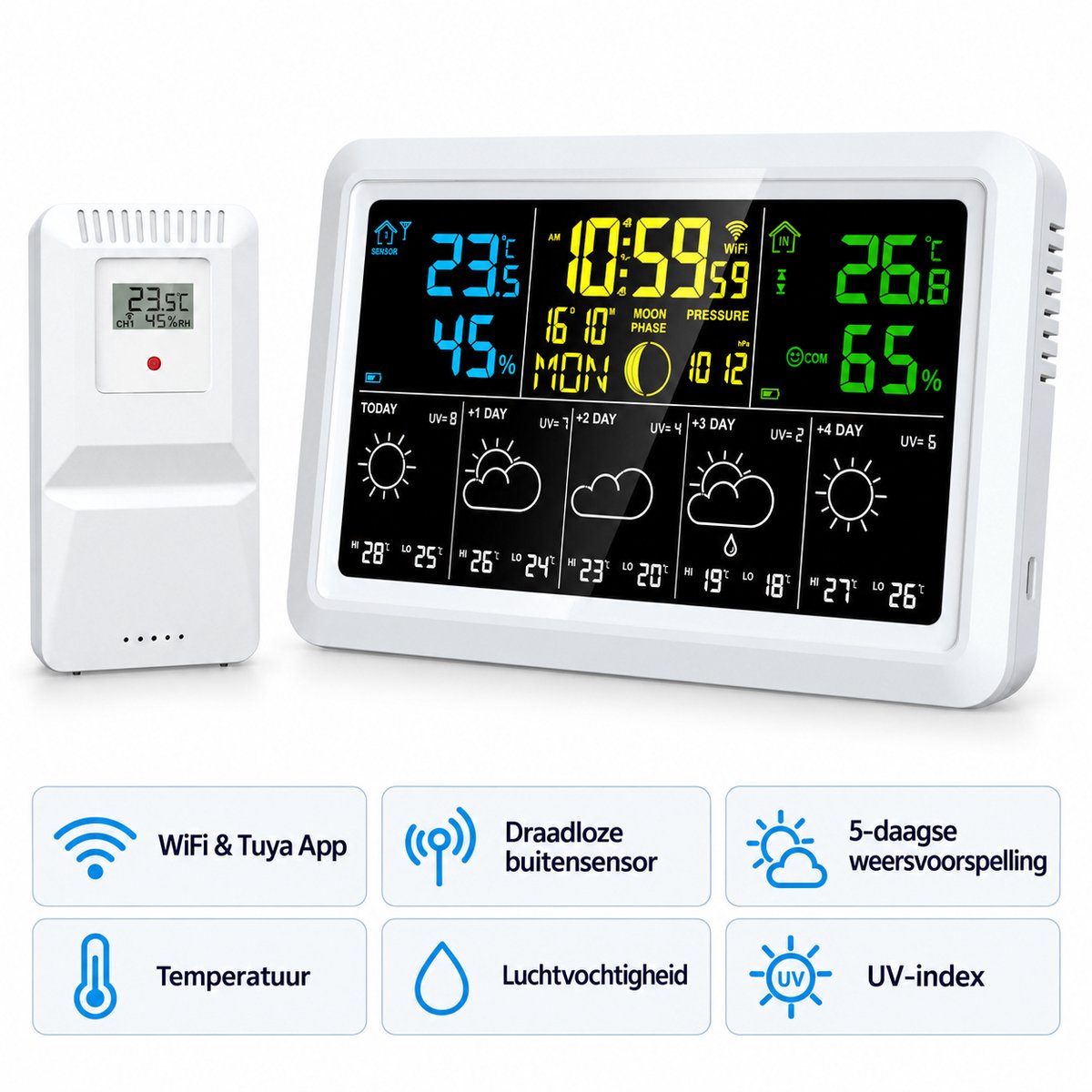 Nexeli NX-WS-15W Slim WiFi Weerstation met Draadloze Buitensensor - Tuya App - 5-daagse Weersvoorspelling - Temperatuur - Luchtvochtigheid - UV-index
