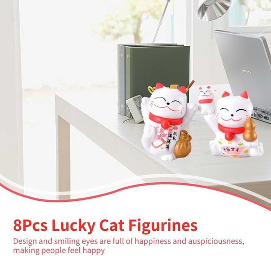 8Pcs Mini Maneki Neko Lucky Cat Beeldjes, Japanse Lucky Fortune Cat Beeldjes Zwaaien Fortuin Decor Ornamenten voor Home Car Office Decor(Wit) — afbeelding 4