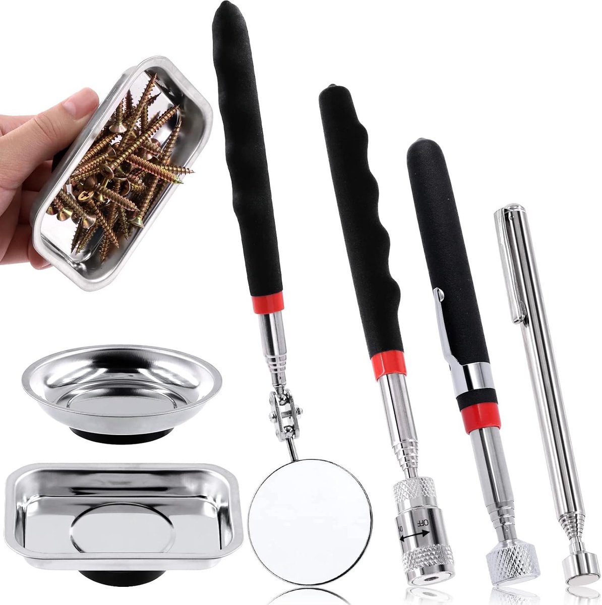 6 stuks magnetische pick-up tool en magnetische trays set, inclusief 3 lb 10 lb pick-up staaf, ronde vierkante magneet trays, verstelbare telescopische inspectie spiegel, magnetische zaklamp