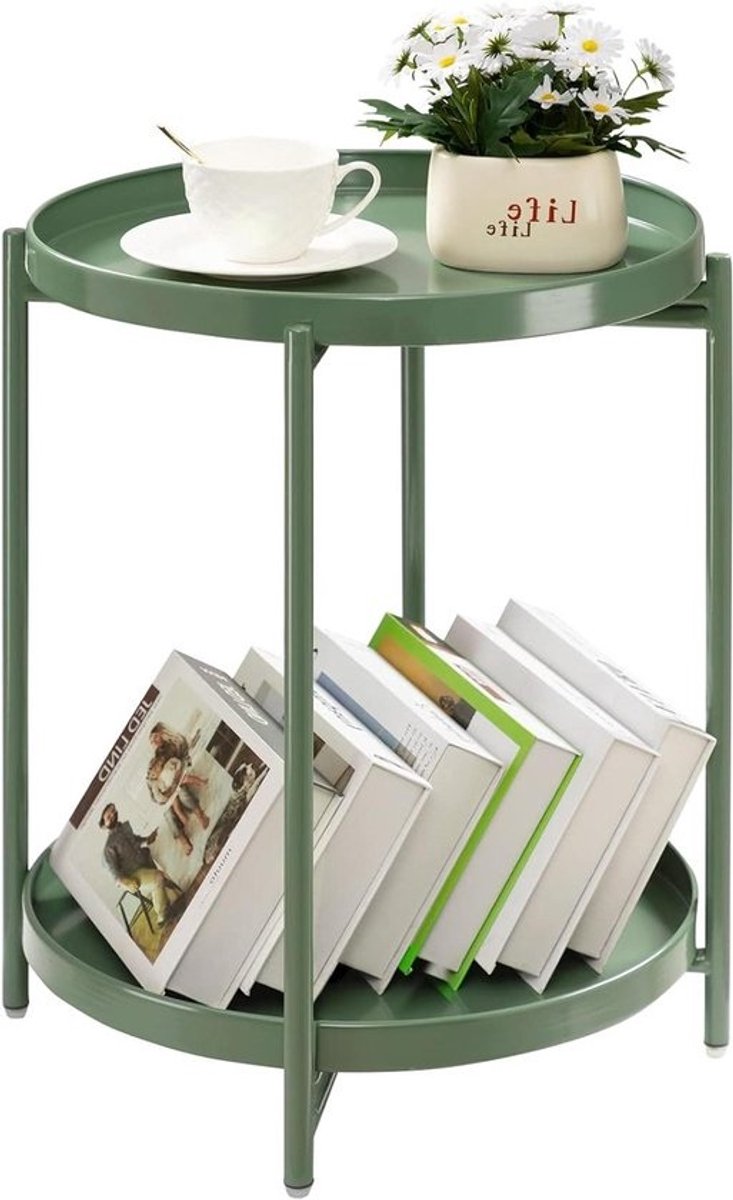 2-Tier Groene Bijzettafel - Opvouwbare Ronde Metalen Tafel met 2 Verwijderbare Lades voor Kleine Ruimtes