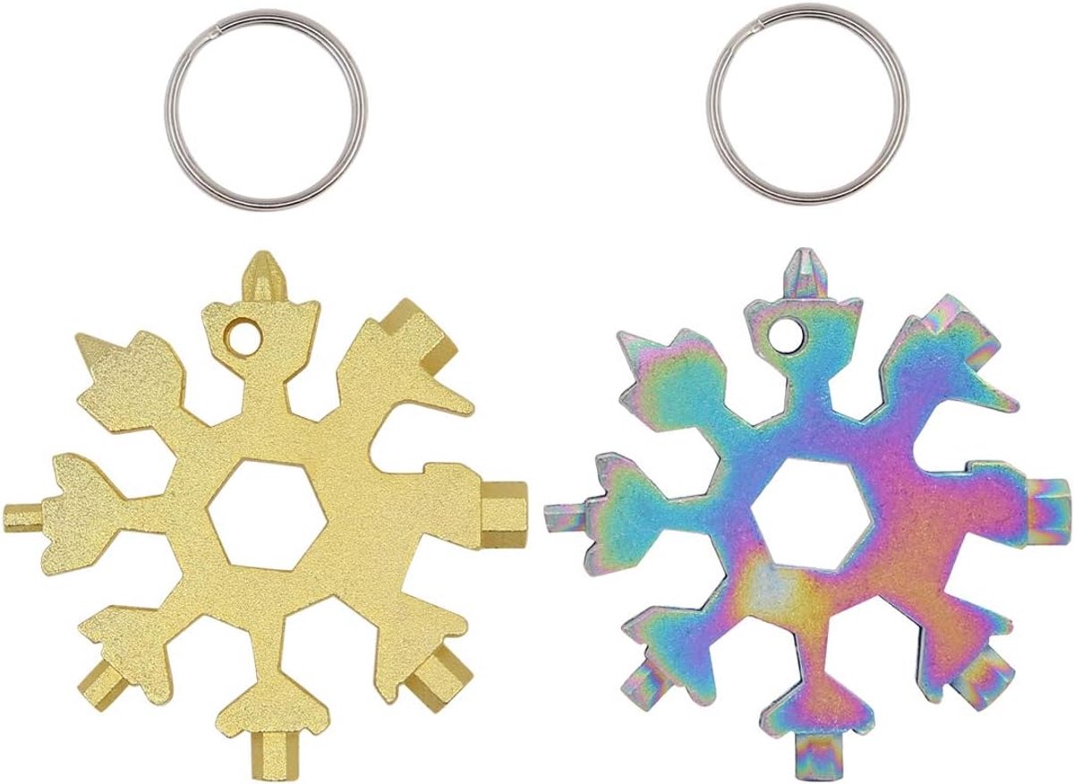 2 Stks 19-in-1 Sneeuwvlok Multi Tool,Roestvrij staal Zeshoekige Schroevendraaier Opener Sleutelhanger Outdoor Reizen Camping Avontuur Dagelijks Tool (Goud en Multi-Color)