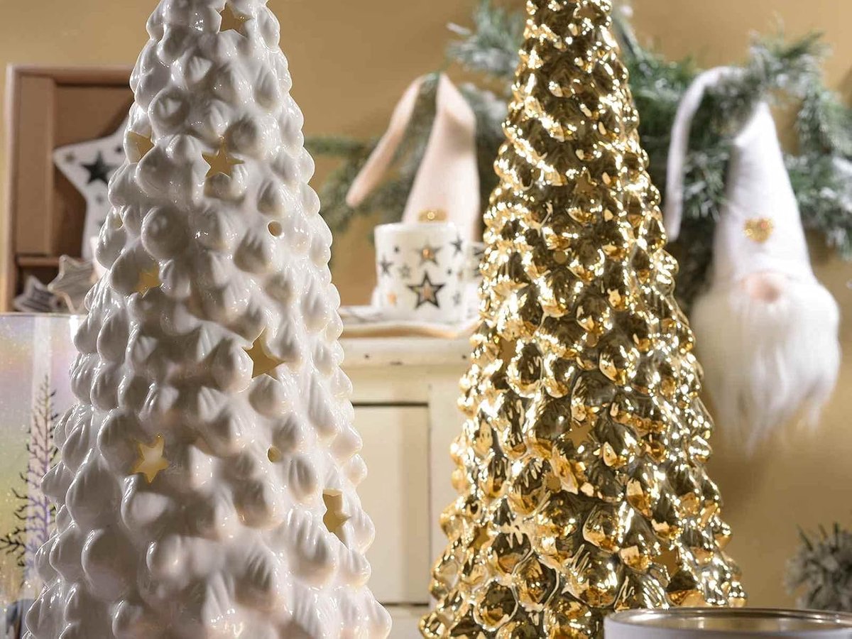 Bomen van keramiek met ledlampen, 2 kerstbomen om op te hangen, kerstdecoratie voor thuis en bedrijf, cadeau-idee