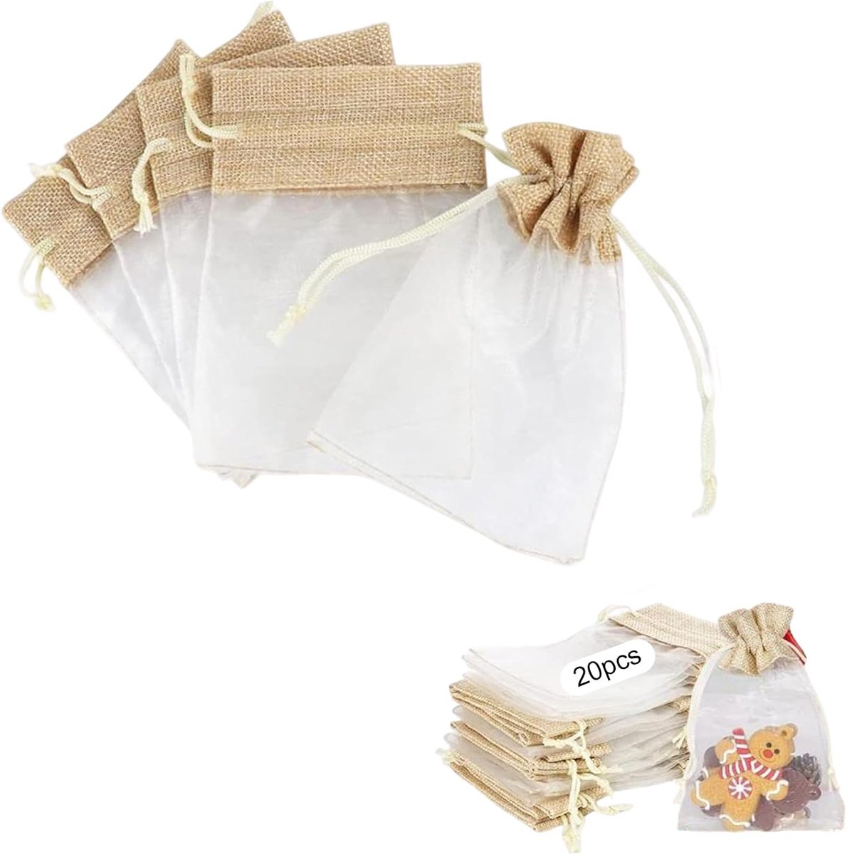 20 st organzazakjes, Jute zakjes, cadeauzakjes met trekkoord, voor bruiloft, vakantiefeest en dagelijkse opslag